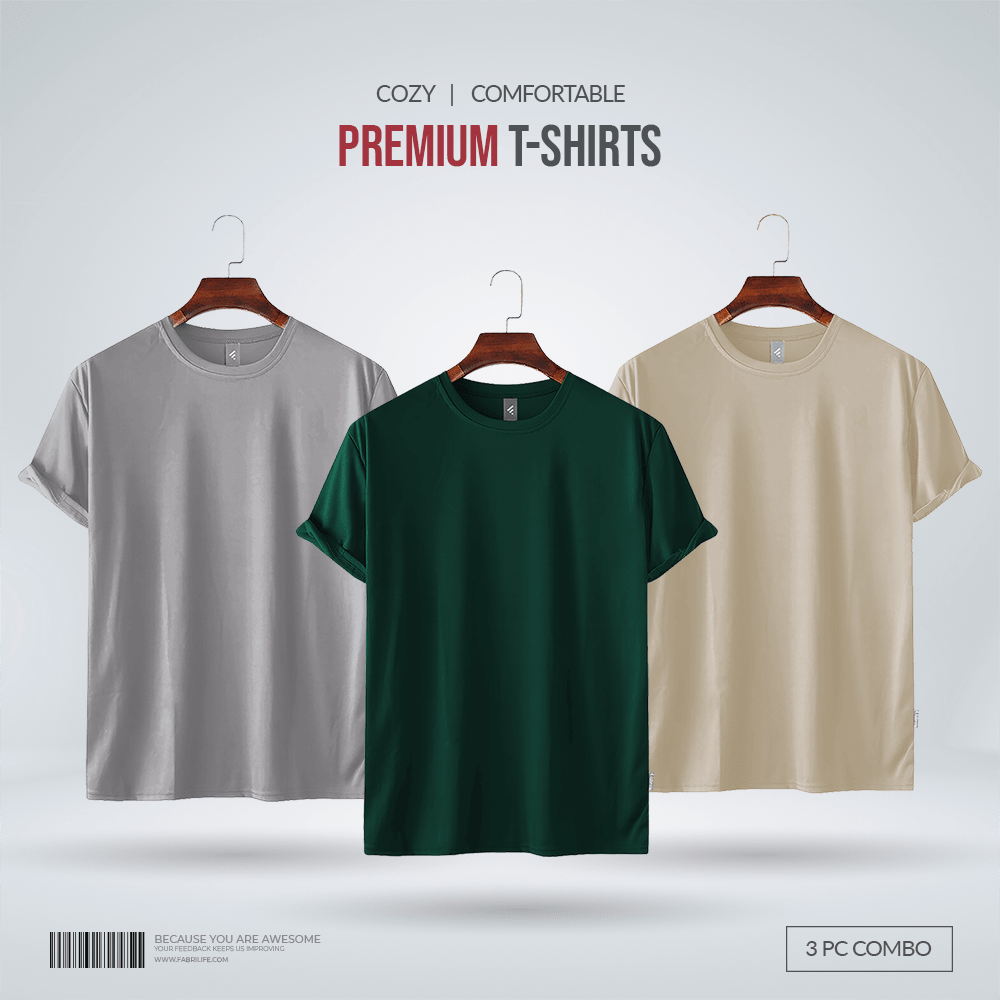 Fabrilife Men's Premium 100% Cotton Blank T-Shirt - Silver, Green, Biscuit
